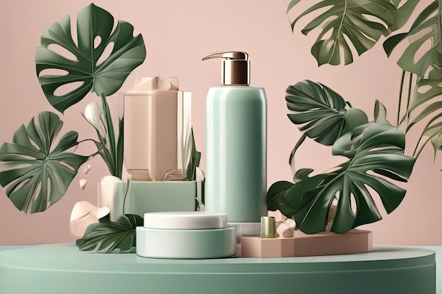 Concept de soin de la peau de luxe moque de shampooing 3D sur le podium cube avec des feuilles tropicales Produit de beauté