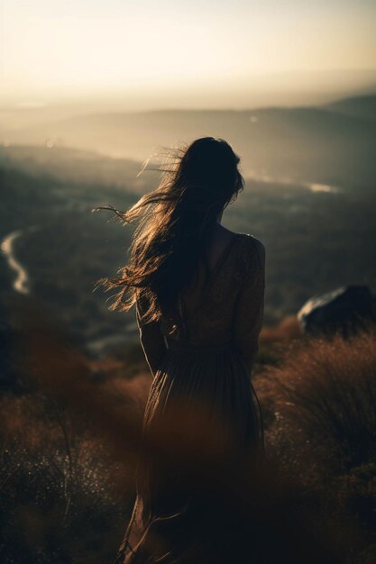 Photo concept de soin de soi femme de derrière au sommet d'une colline respirant de l'air frais à l'extérieur