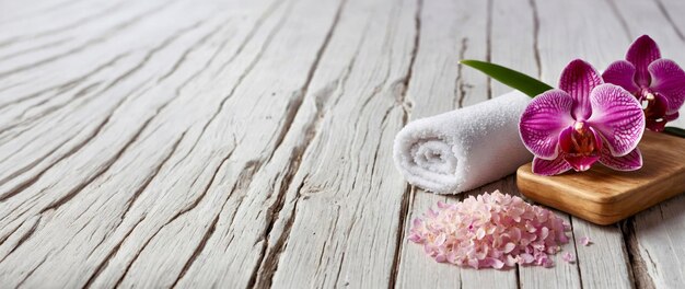 Photo concept de soins cosmétiques et de beauté de spa bannière de serviette blanche aromatique d'huile de sel de mer de spa rose