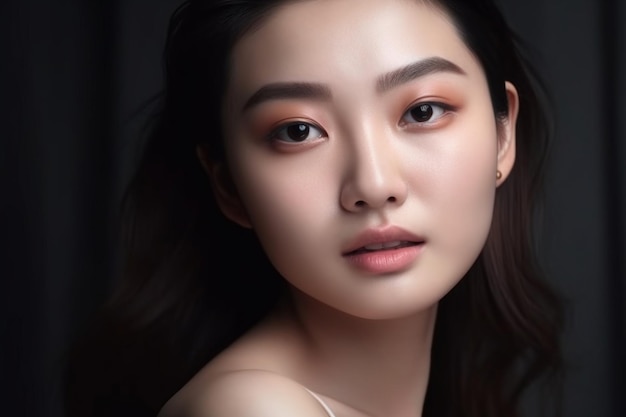 Le concept de soins de la peau et de maquillage d'une belle femme asiatique avec une peau faciale saine. Portrait de studio en gros plan.