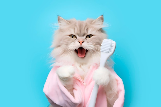 Le concept de soins pour animaux de compagnie Chat en peignoir avec une brosse à dents à la main généré par l'IA