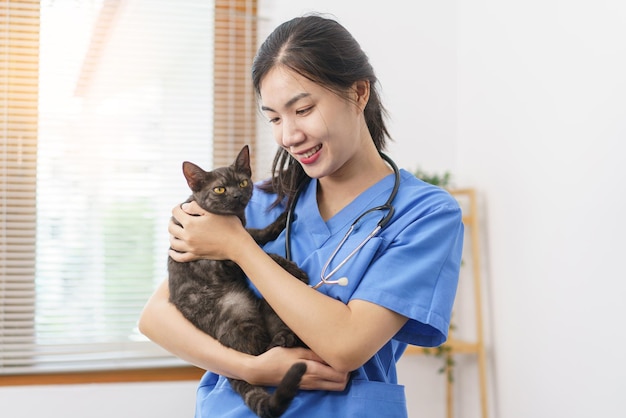 Concept de soins pour animaux de compagnie Vétérinaire femelle jouant et étreignant un chat mignon après avoir examiné un chat de santé