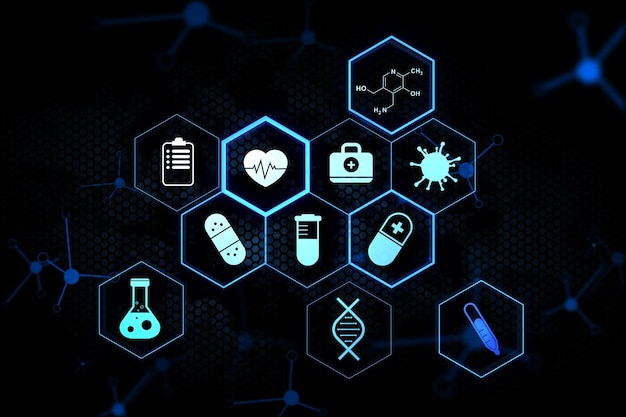 Concept de soins de santé et de médecine avec des icônes médicales et scientifiques numériques dans une grille de texture hexagonale abstraite sur fond sombre rendu 3D