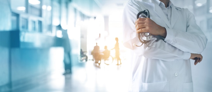 Concept de soins de santé et médical. Docteur en médecine avec un stéthoscope à la main et les patients viennent