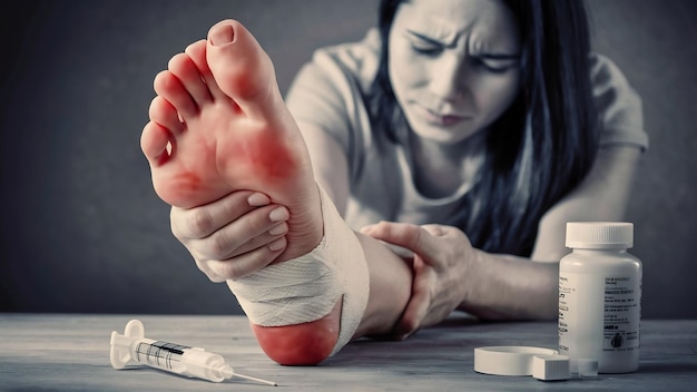 Concept de soins de santé pour la douleur du pied féminin en gros plan