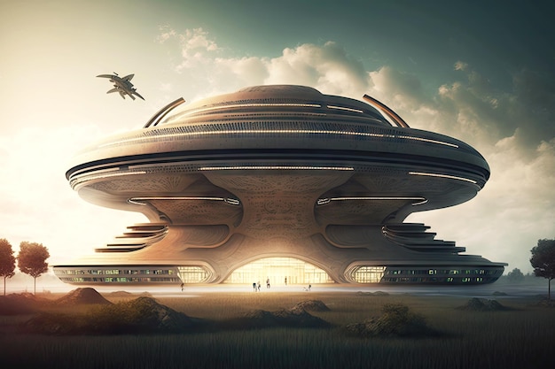Concept de soucoupe volante géante au centre de données futuriste de la bibliothèque générative ai