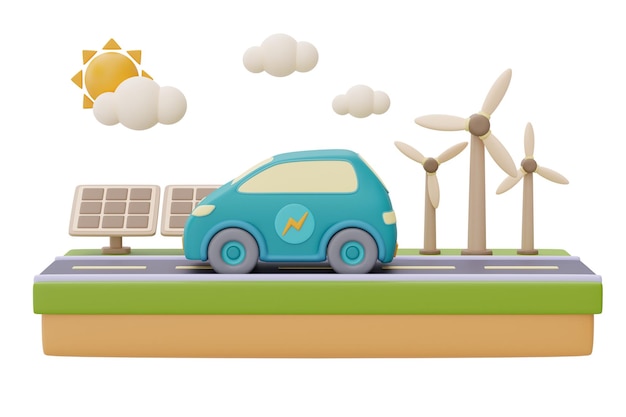 Concept de source alternative d'électricitéVoiture électrique sur une route avec des éoliennes et des panneaux solaires en arrière-planrespectueux de l'environnementénergie proprerendu 3d