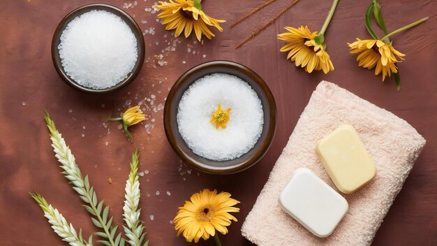 Photo concept de spa beauté et concept de mode avec un ensemble de spa fleurs parfumées eau