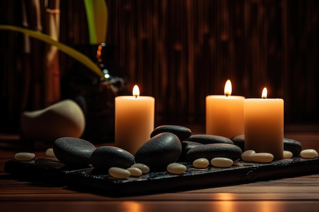 Concept de spa avec des éléments de thérapie de bien-être et de santé Ai Bougies et pierres de bambou spa still life