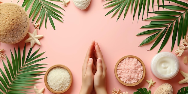 Concept de spa avec des produits naturels et des feuilles tropicales sur fond pastel