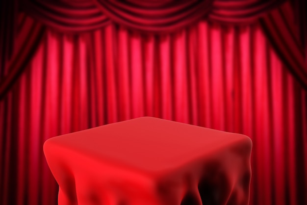 Concept de spectacle de magie avec table carrée et fond de rideau rouge