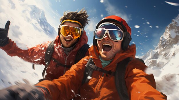 Photo concept de sport extrême d'hiver et de personnes amis heureux s'amusant sur la neige et faisant du selfie