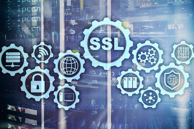 Concept SSL Secure Sockets Layer Les protocoles cryptographiques fournissent des communications sécurisées Arrière-plan de la salle des serveurs