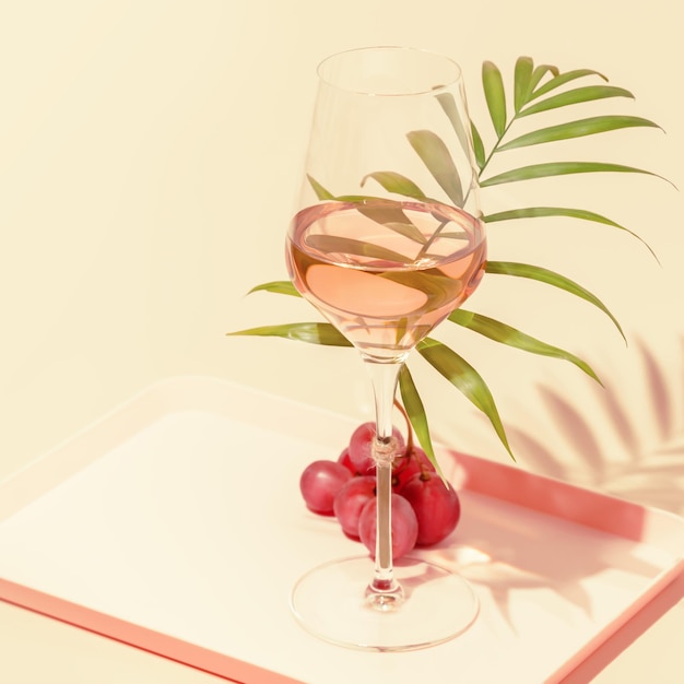 Le concept d'une station balnéaire tropicale et de détente Composition de boisson avec un verre de vin de rose avec feuille de palmier et raisin sur un fond rose avec espace de copie Fête d'été Focus sélectif