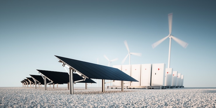 Photo concept de stockage d'énergie renouvelable dans un environnement de ciel bleu clair et propre. photovoltaïque noir moderne, système de stockage d'énergie par batterie modulaire et système d'éolienne en arrière-plan. rendu 3d.