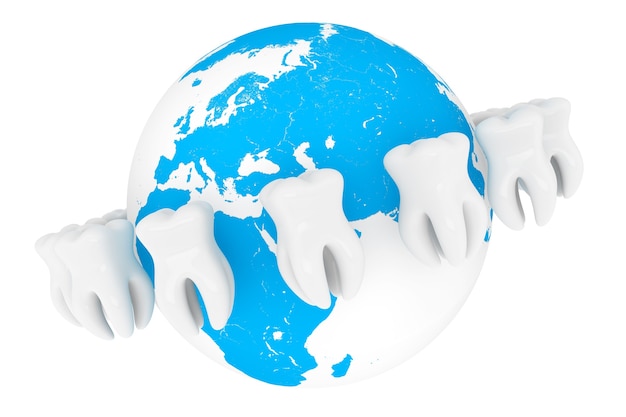 Concept de stomatologie mondiale. Dent gros plan extrême avec globe sur fond blanc
