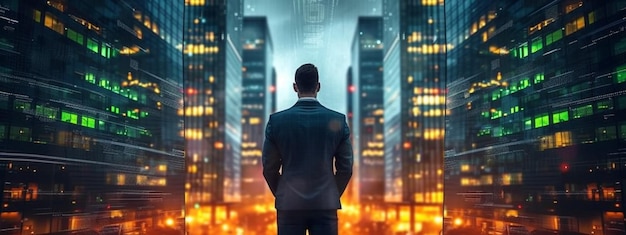 Photo concept de stratégie financière arrière-plan d'un homme d'affaires avec des bâtiments de bureaux