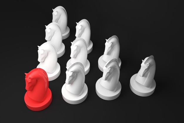 Photo concept de stratégie de jeu d'échecs cheval sur fond de couleur noire. rendu 3d.