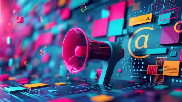 Photo concept de stratégie de marketing mégaphone avec éclat de couleurs et confetti représentant des avantages publicitaires