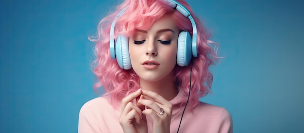 Concept de style personnel avec une jolie fille de style rose posant avec un téléphone rose et écoutant de la musique sur fond bleu