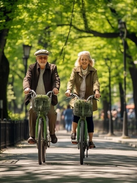 et le concept de style de vie des gens heureux couple de personnes âgées à vélo au parc d'été