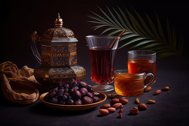 Concept surprenant de nourriture et de boissons du Ramadan Chapelet en bois du Ramadan thé et dates fruits sur fond sombre Generative Ai