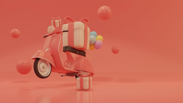 concept surprise promotion des ventes de scooter et décoration de boîte cadeau illustration 3d