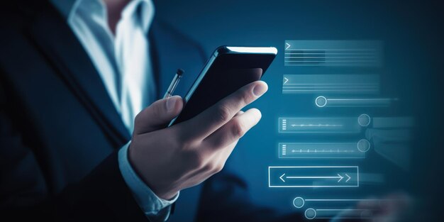 Concept de surveillance des performances commerciales homme d'affaires utilisant un smartphone remplissant une enquête en ligne