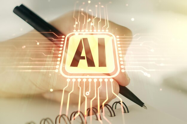 Concept de symbole d'intelligence artificielle avec l'écriture de la main de l'homme dans un bloc-notes sur le fond Multiexposition