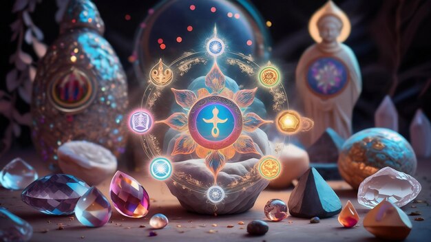 Le concept des symboles Reiki avec le cristal et la statue