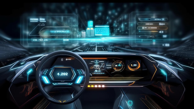 concept de tableau de bord de voiture futuriste autonome avec écrans HUD et hologrammes