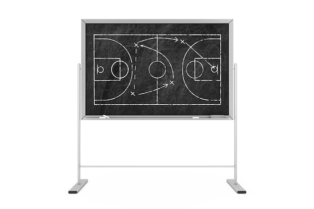 Concept de tactique de basket-ball. Tableau noir avec terrain de basket et stratégie de jeu et schéma tactique en gros plan extrême. Rendu 3D