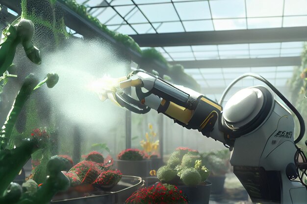 Concept de technologie agricole avec un bras robotique pour pulvériser de l'engrais sur les plantes en serre