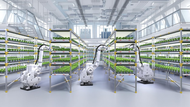 Concept de technologie agricole avec un bras robotique de rendu 3D pulvérisant de l'engrais sur les plantes en serre