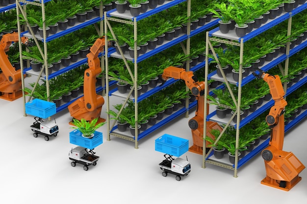 Concept de technologie agricole avec bras robotique de rendu 3d en serre