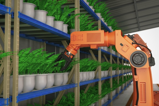 Concept de technologie agricole avec bras robotisés en serre