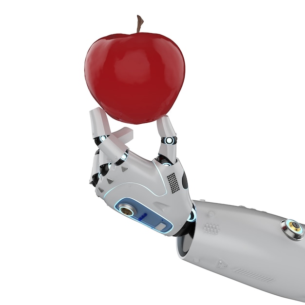 Concept de technologie d'agriculture avec la pomme rouge de récolte de bras de robot de rendu 3d