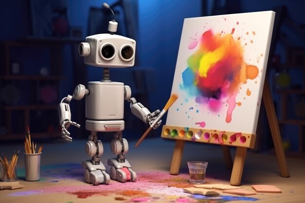 Photo le concept de la technologie d'art générative d'ia, la peinture robotique de l'image dans l'attractivité du studio