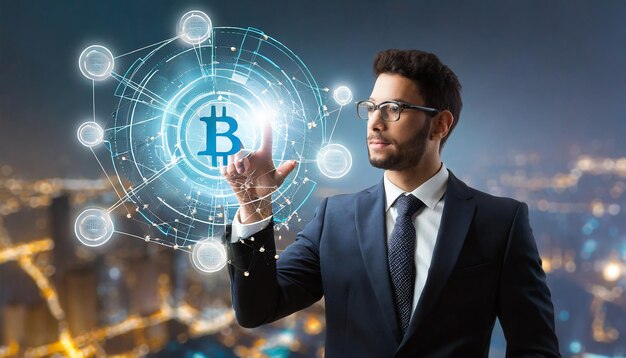 Photo le concept de technologie blockchain un homme d'affaires touche à la blockchain virtuelle un réseau mondial futuriste