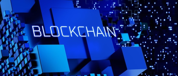 Concept de technologie Blockchain Inscription Blockchain sur un arrière-plan technologique Inscription Blockchain sur fond de blocs abstraits rendu 3d