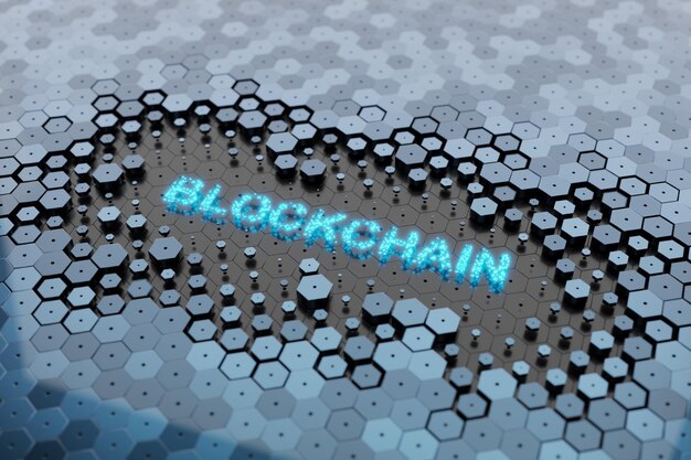 Concept de technologie Blockchain Inscription Blockchain sur fond d'hexagones rendu 3D
