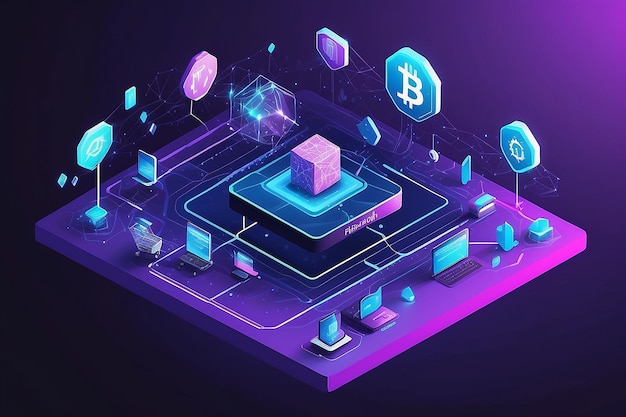 Le concept de technologie de blockchain isométrique Le commerce électronique de réseau Bitcoin Trading Cryptocurrency mondiale Illustration de transfert de données de blockchain sur un fond ultraviolet Illustration isométrique vectorielle 3D