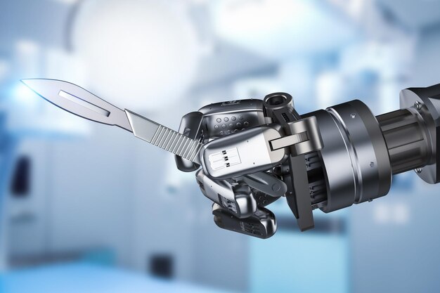 Concept de technologie de chirurgie médicale avec main de robot de rendu 3d tenant un scalpel ou un couteau chirurgical isolé sur blanc