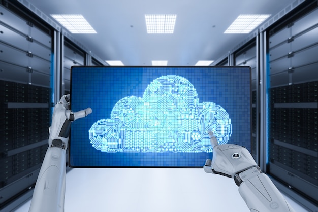 Le concept de technologie de cloud computing avec un robot humanoïde de rendu 3d fonctionne avec un nuage de circuit