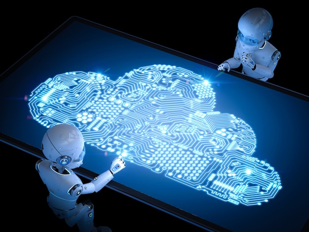 Concept de technologie de cloud computing avec robot mignon de rendu 3D et affichage graphique