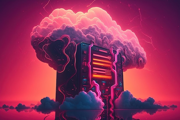 Concept de technologie de cloud computing avec style cyberpunk synthwave futuriste