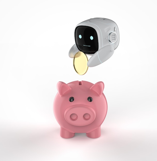 Concept de technologie financière avec petit robot avec tirelire