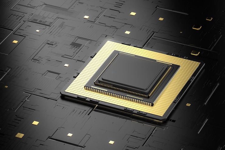 Photo concept de technologie informatique quantique avec puces cpu de rendu 3d à bord