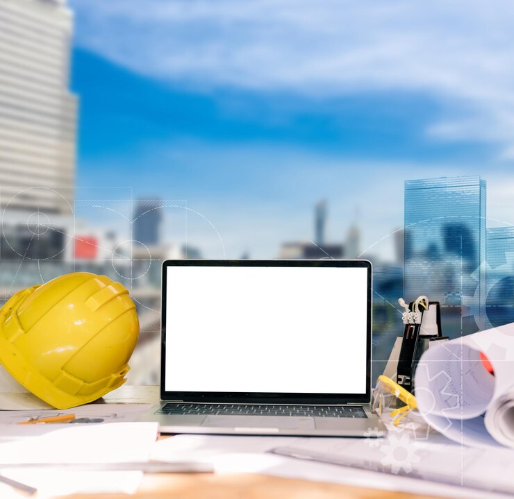 Concept de technologie d'ingénieur et d'architecture avec fond de construction et écran d'ordinateur portable vide pour le texte.