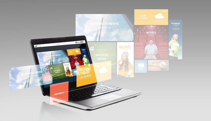 Photo concept de technologie, de médias, de multimédia et de publicité - ordinateur portable avec applications internet à l'écran sur fond gris